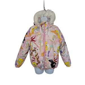 Looney Tunes Members Only Tweety Daffy Taz Lola & Bugs Hooded Puffer Coat, Sz S